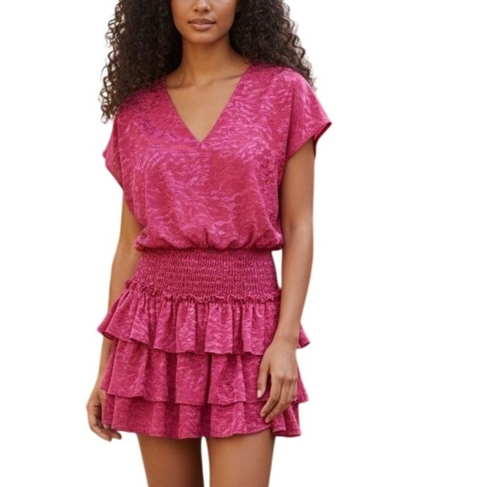 Adrienne Pink Ruffle Mini Dress‎ Smocked Waist Tiered Skirt Fuchsia Magenta Boho